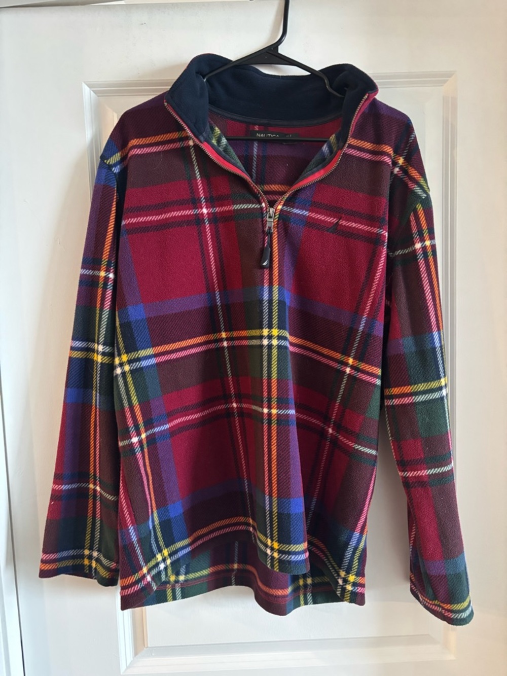 Nautica Red Plaid Fleece Jacket with Navy and Yellow Accents
